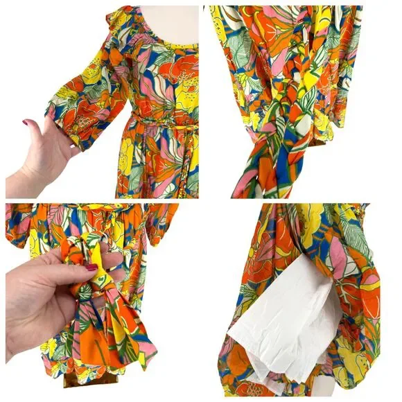 J. Crew Belted Dress Large Floral Tropical Ruffle Neck Midi Balloon Sleeve Retro - Picture 5 of 13